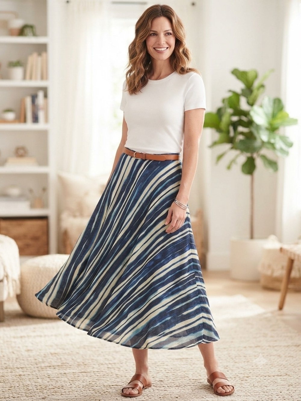 ​Coldwater Creek Blue Cream Wavy Stripe Viscose A-Line Skirt Petite Medium